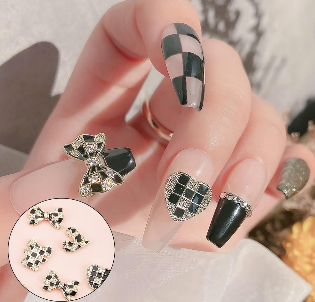 Bijoux fantaisie 3D pour ongles | Motif Carreaux noir et blanc | Vendu à la pièce