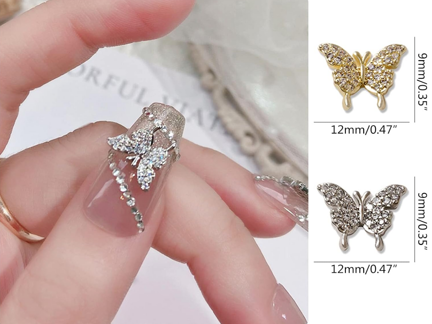 3D Nail Fashion Jewelry | Butterfly | K-3163 & K-3164 | Gold or Silver | Sold by the piece