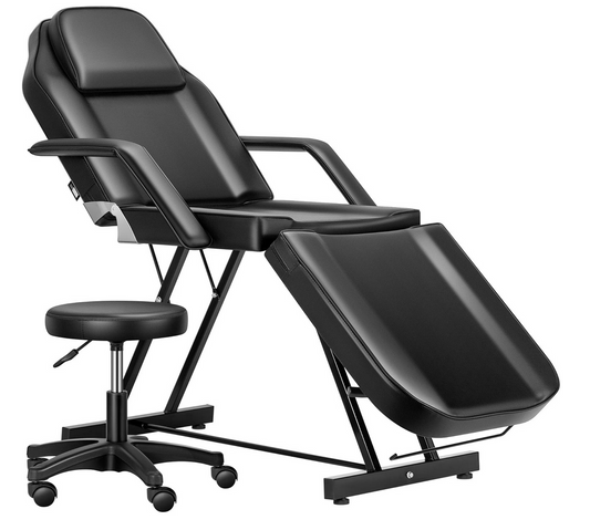 Fauteuil/Lit de Massage Facial de Salon avec Tabouret - Noir (avec Tabouret Réglable Inclus)