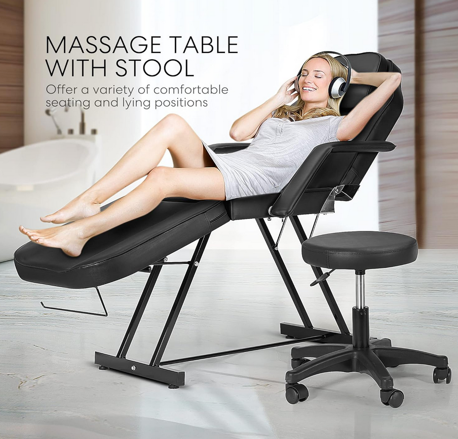 Fauteuil/Lit de Massage Facial de Salon avec Tabouret - Noir (avec Tabouret Réglable Inclus)