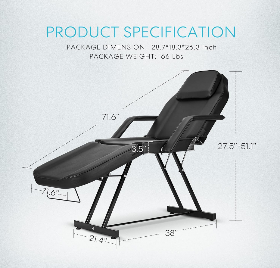 Fauteuil/Lit de Massage Facial de Salon avec Tabouret - Noir (avec Tabouret Réglable Inclus)