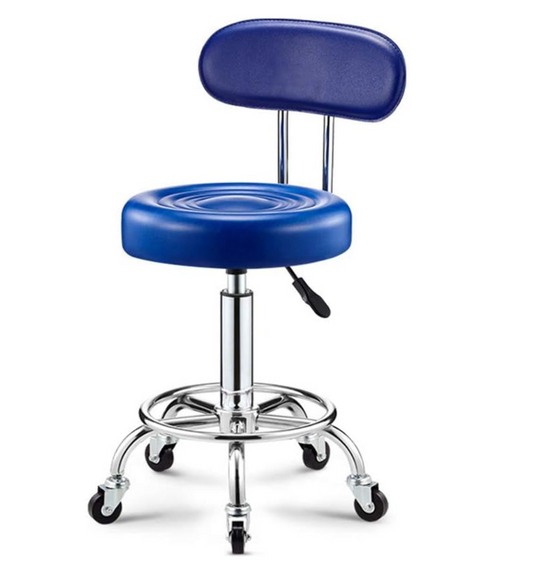 Blue adjustable Stool on wheels with footrest & backrest | Round