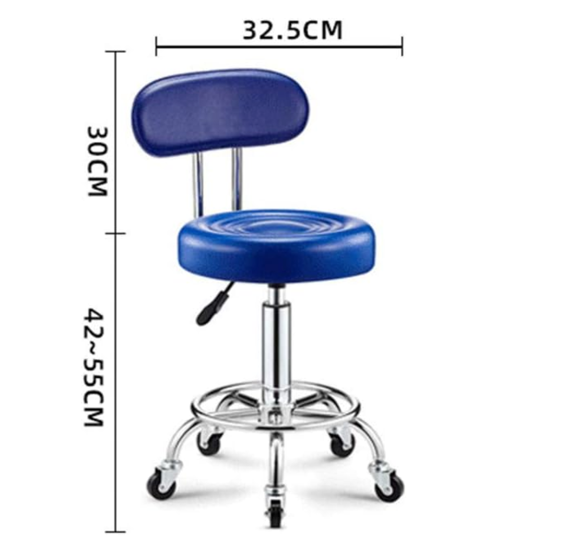 Tabouret Réglable sur Roulettes avec Repose-pieds et Dossier | Rond | Noir, Rouge ou Bleu