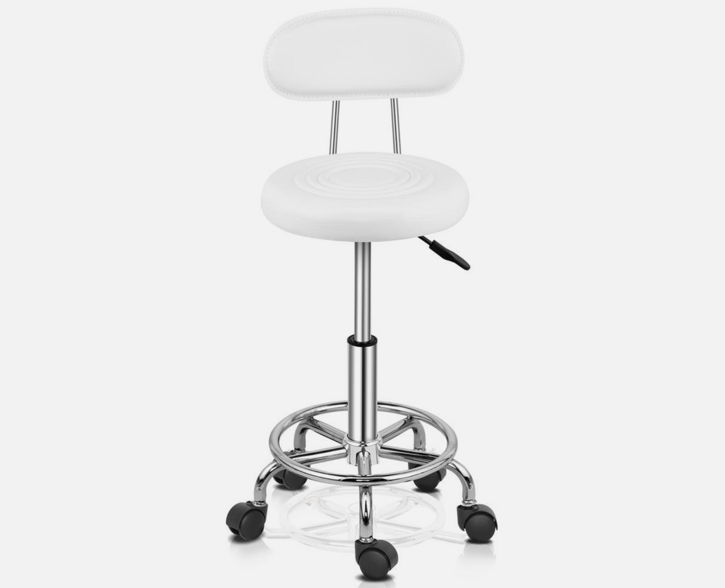 Tabouret Réglable blanc sur roulettes avec repose-pieds et Dossier | Rond