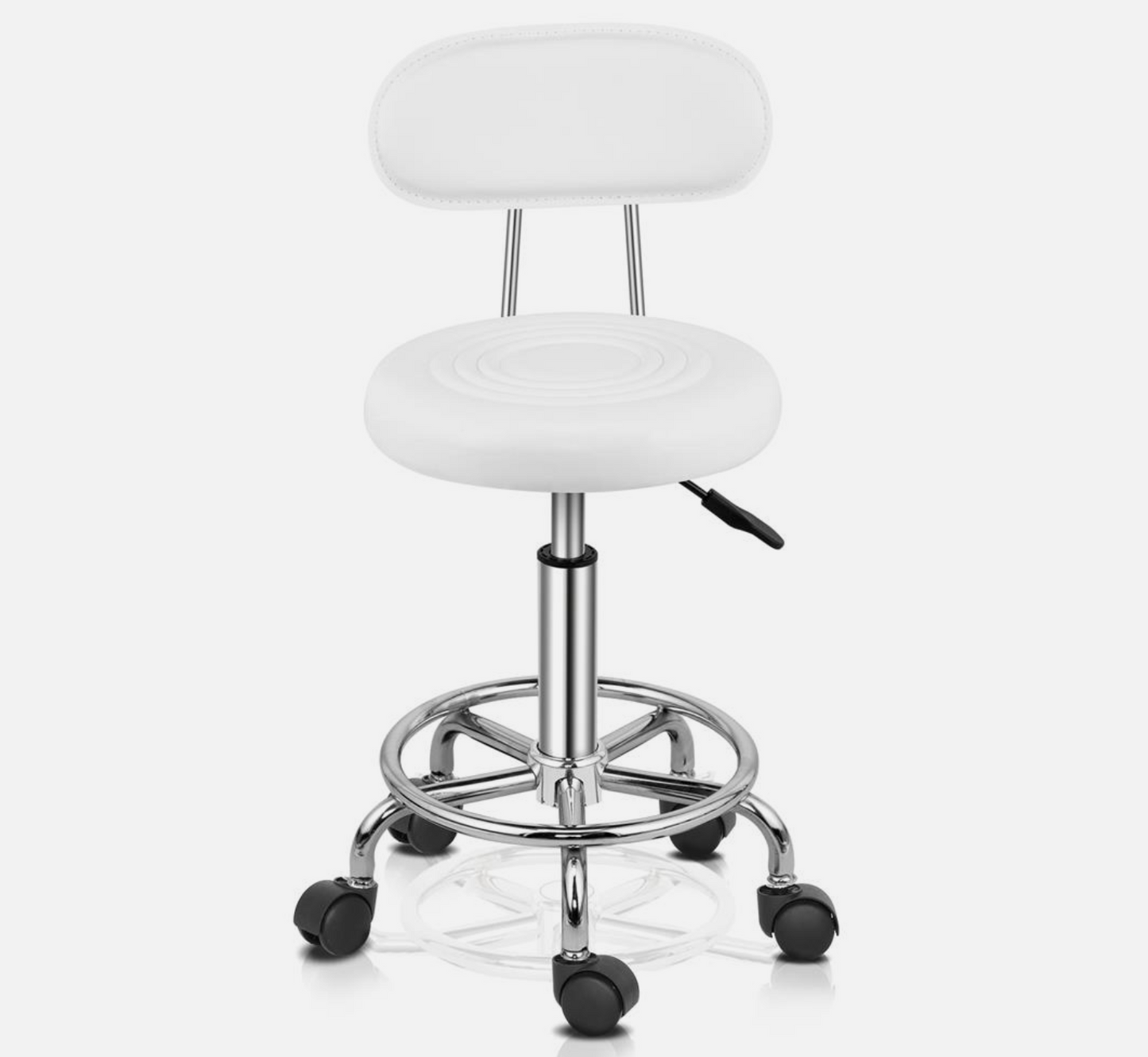 Tabouret Réglable blanc sur roulettes avec repose-pieds et Dossier | Rond