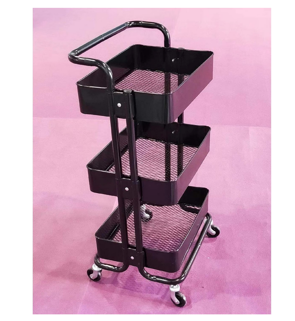 3-Tier Metal Storage Organizer Rolling Cart with handle | Black