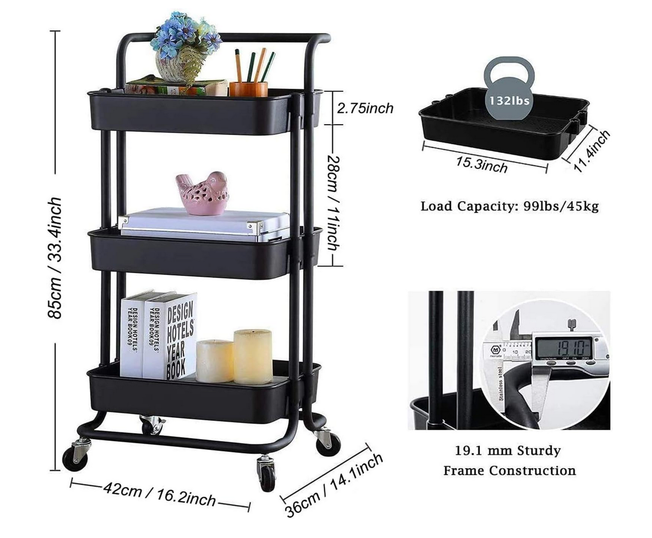 3-Tier Metal Storage Organizer Rolling Cart with handle | Black