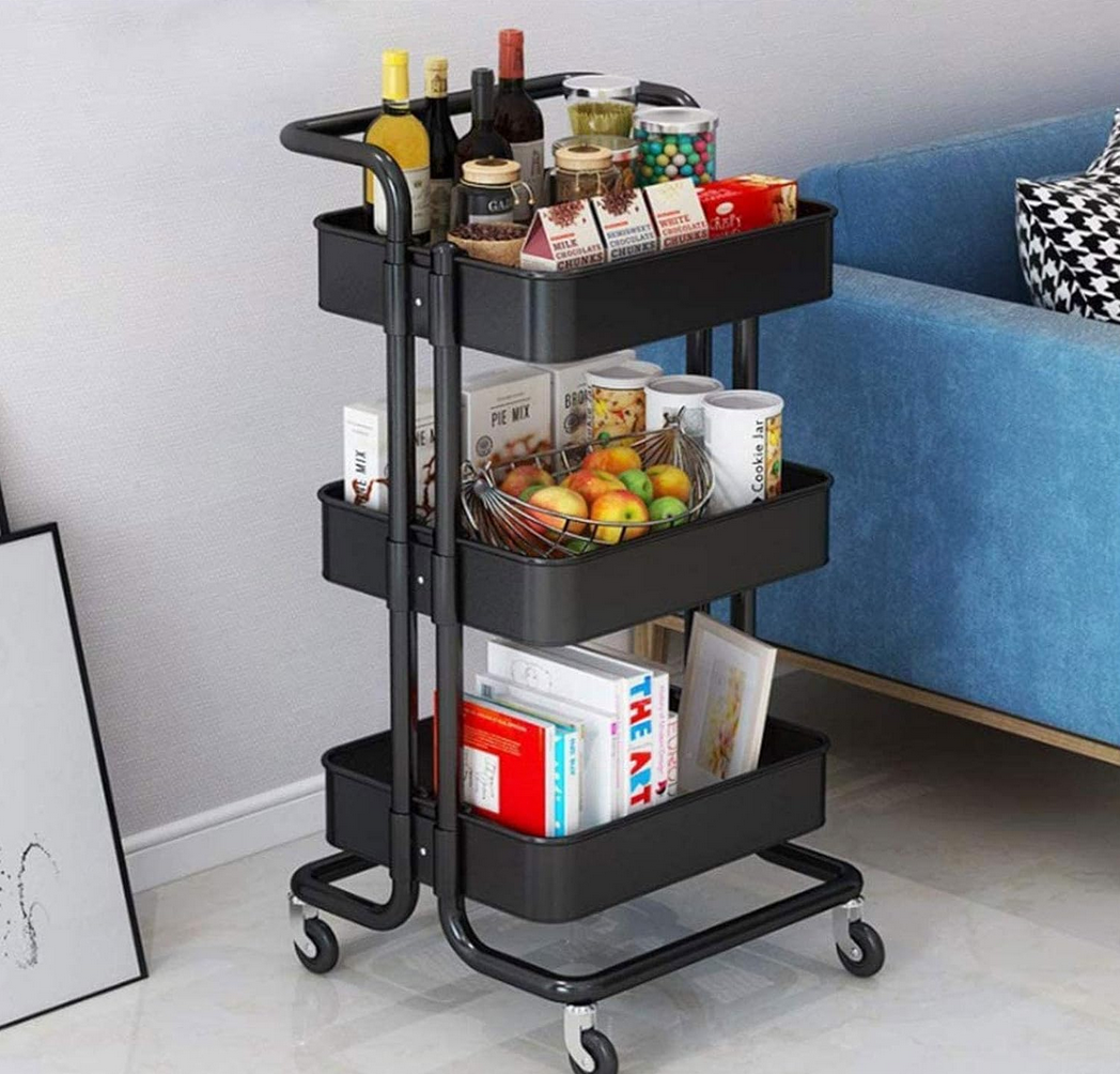 3-Tier Metal Storage Organizer Rolling Cart with handle | Black