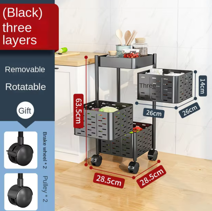 Rotating 3-Tier Organizer with Square Containers | Black