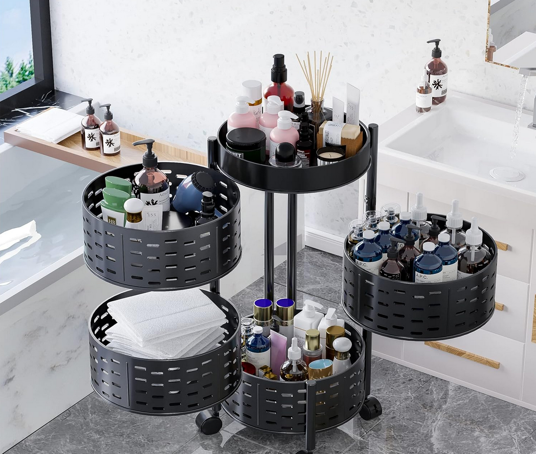 4-Tier Rotating Organizer with Round Baskets | Black