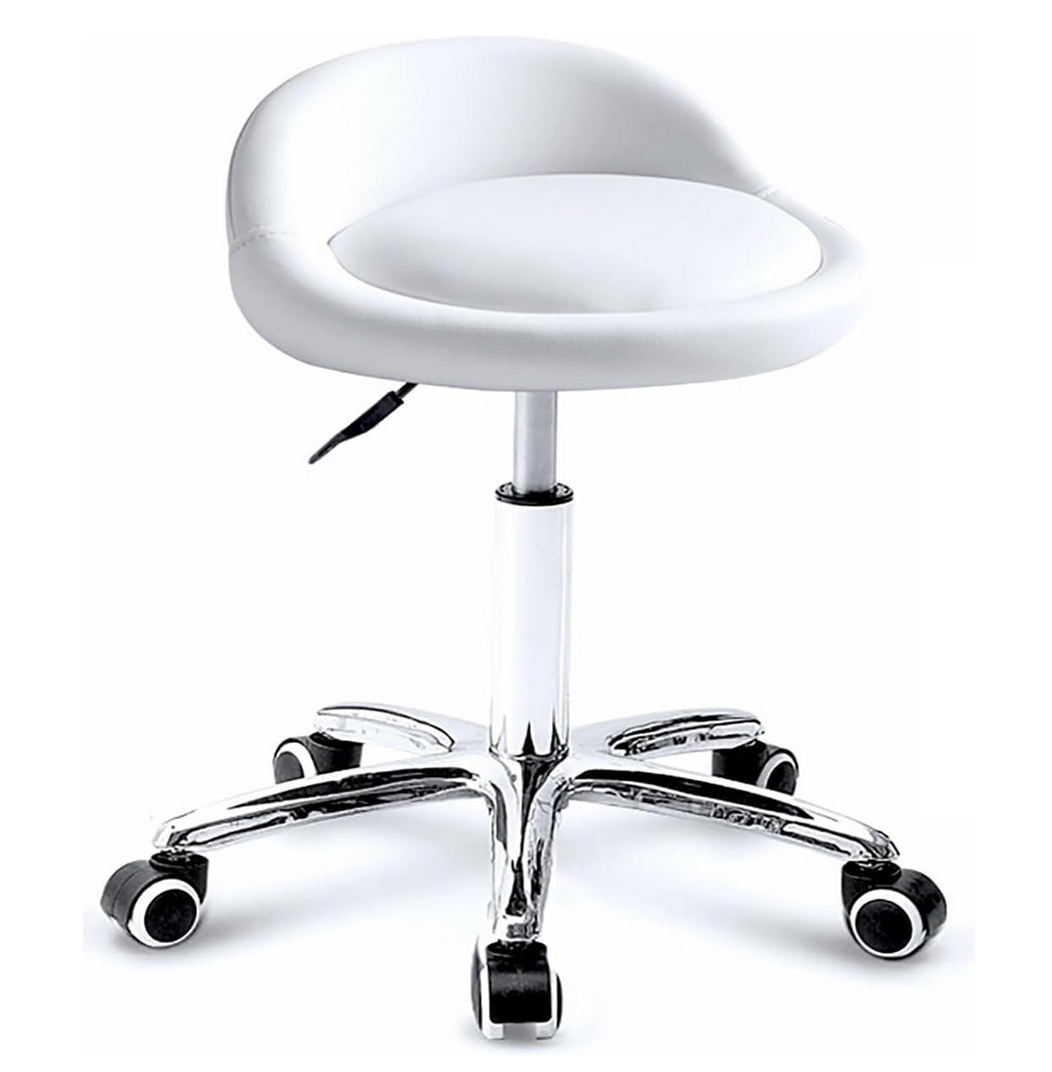 Adjustable Hydraulic Stool on wheels with Backrest | Round | White