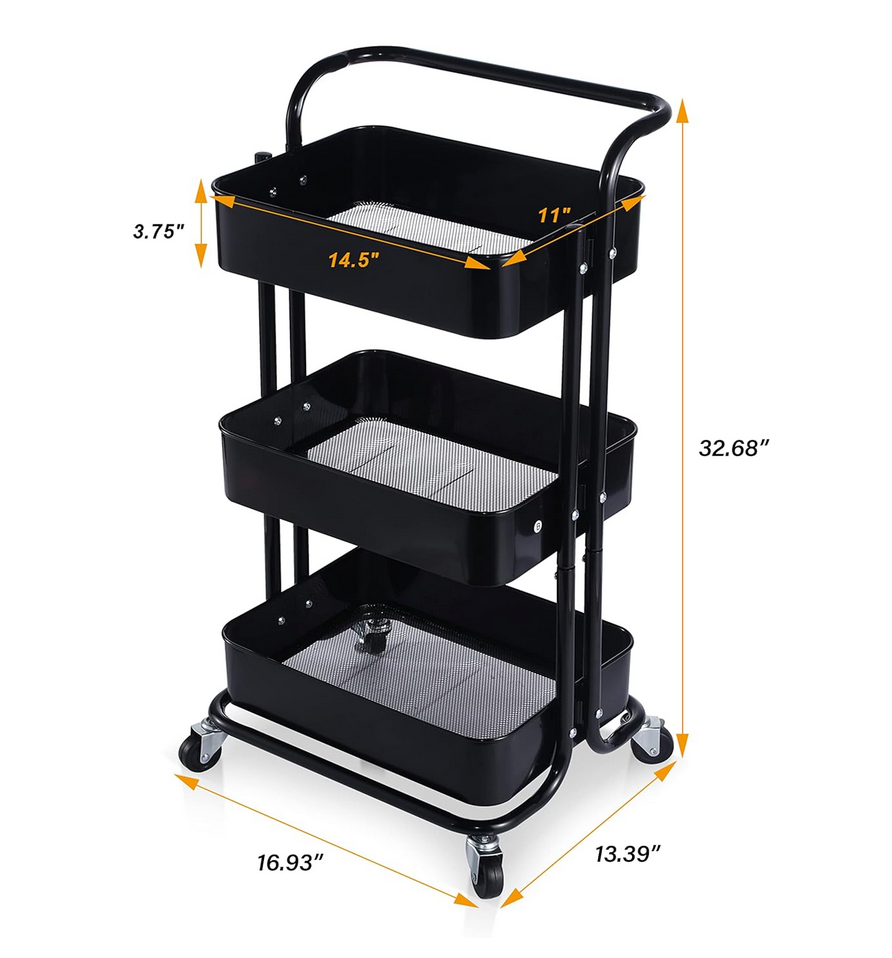 Chariot de Rangement Tout en Métal à 3 Niveaux avec Poignée | Noir