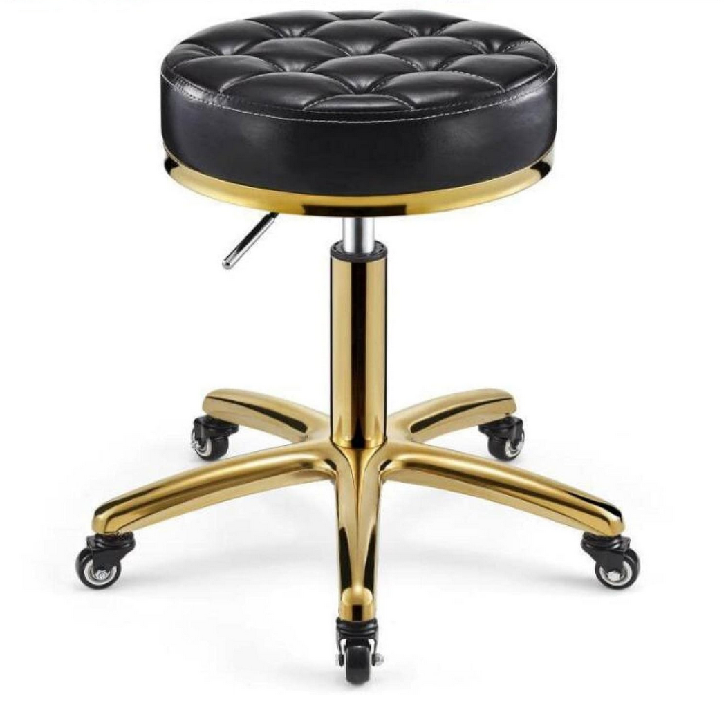 Adjustable Hydraulic Stool on wheels with footrest | Round | Black & Gold