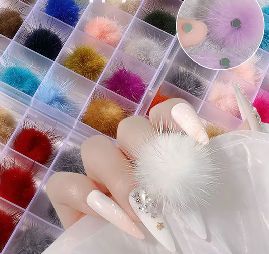 Colorful Nail Pom Pom Box | 24 Fluffy Charms for Nail Art