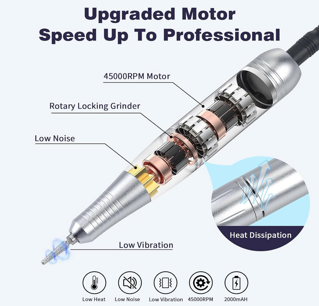 Portable and Rechargeable Nail drill Machin | Black & White | 45k RPM