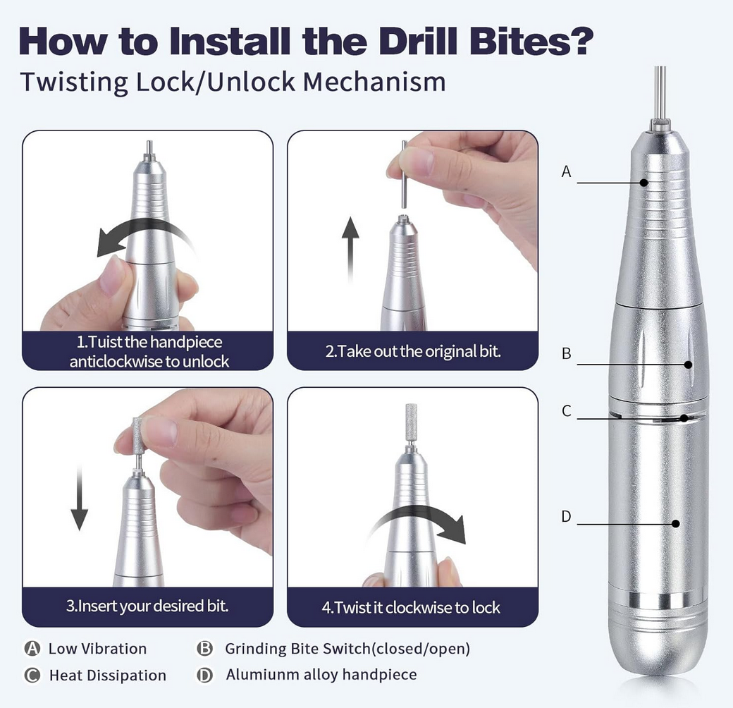 Portable and Rechargeable Nail drill Machin | Black & White | 45k RPM