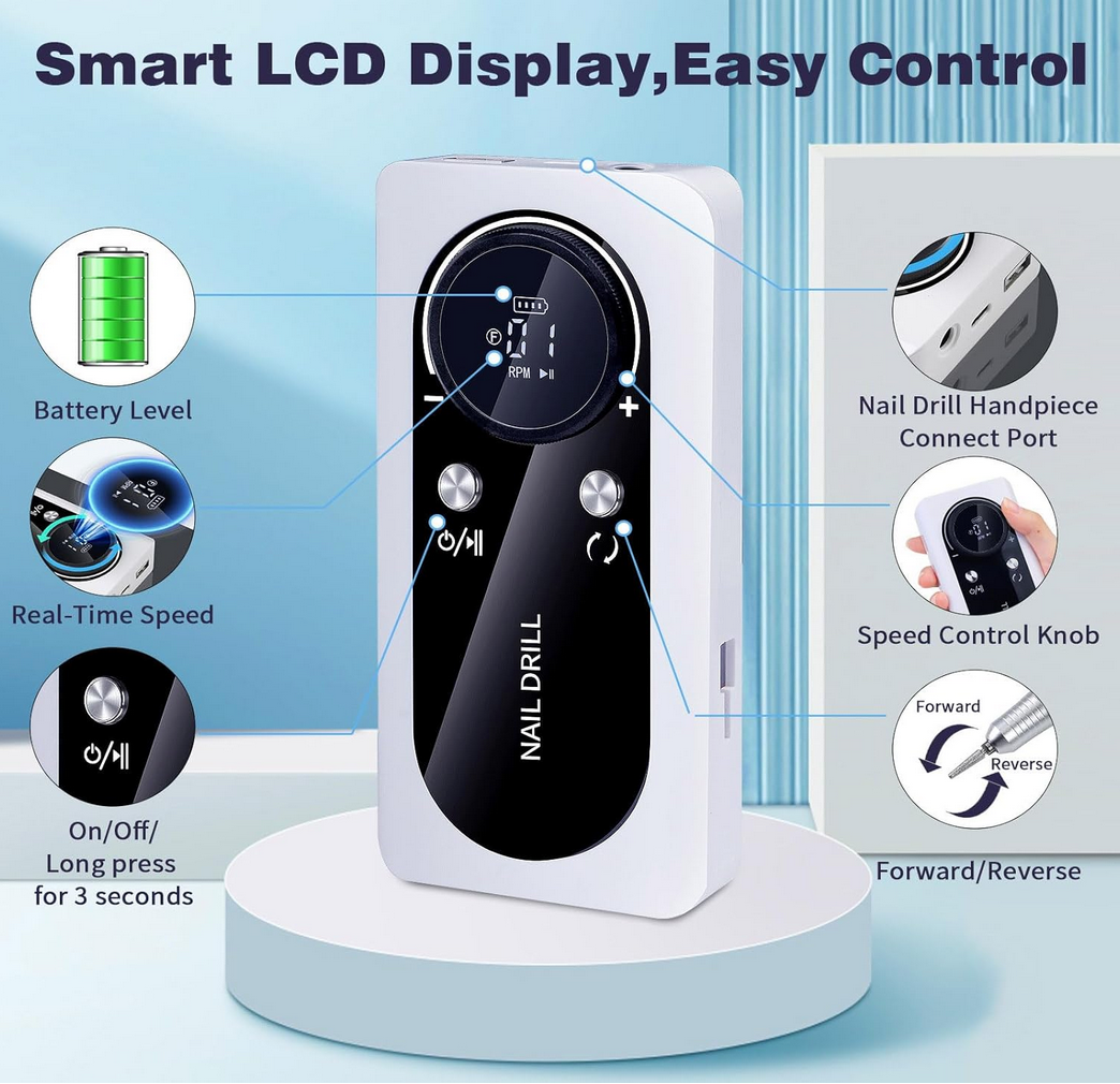 Portable and Rechargeable Nail drill Machin | Black & White | 45k RPM