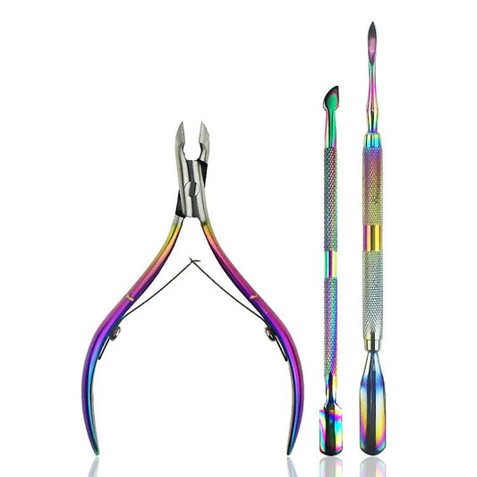 Holographic Manicure Essential Set 3 pieces (Stainless Steel Cuticle Nipper & 2 in 1 Pushers)