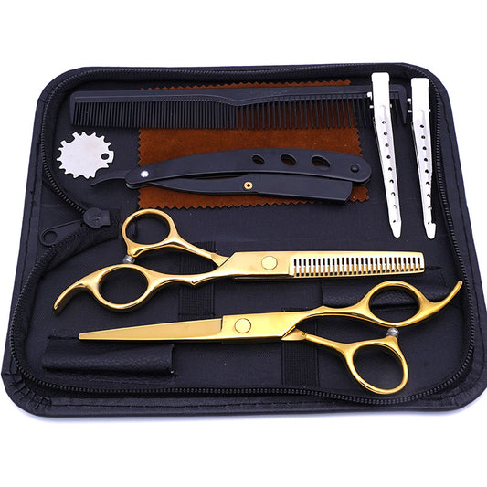 Kit Professionnel de Coupe et Coiffure | Or | Ciseaux, Peigne, Rasoir et Pinces