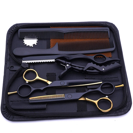 Kit Professionnel de Coupe et Coiffure | Noir et Or | Ciseaux, Ciseaux Effileurs, Rasoir, Ensemble de Peignes, Pinces et Chiffon de Nettoyage