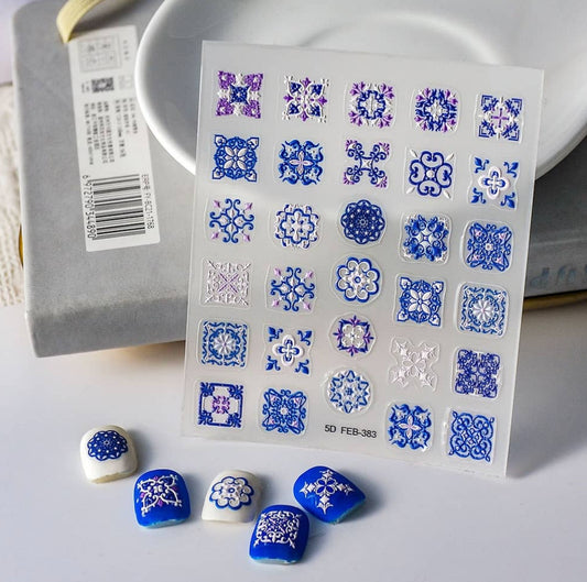 Nail Art Sticker 5D | Carreau Azulejo | Bleu & Violet | FEB-383