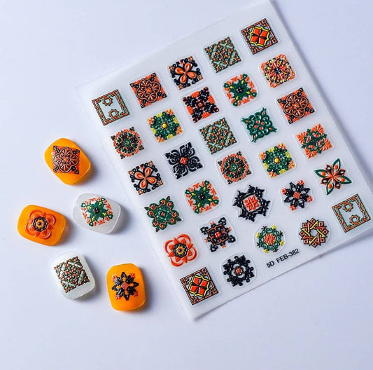 Nail Art Sticker 5D | Carreau Oriental | Orange & Vert | FEB-382
