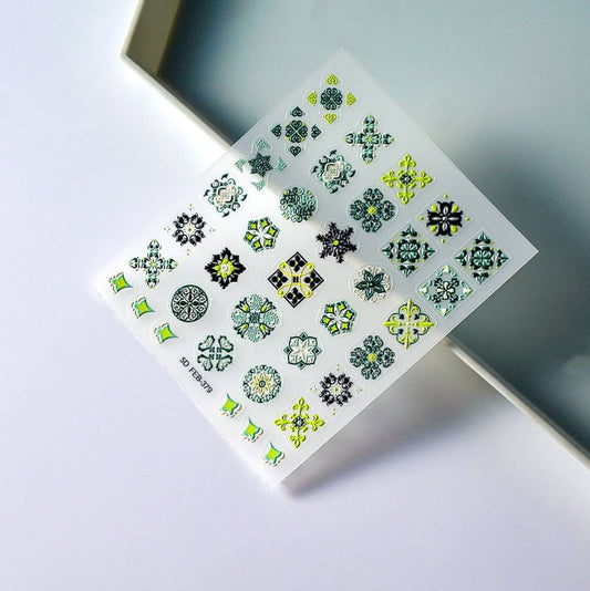 Nail Art Sticker 5D | Carreau Baroque | Vert & Noir | FEB-379
