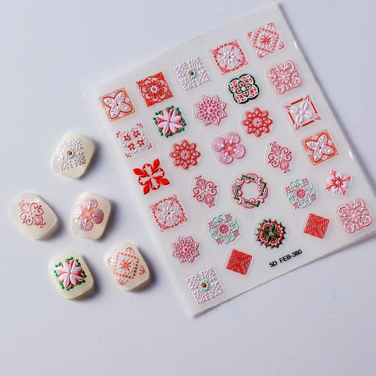 Nail Art Sticker 5D | Carreau Floral Oriental | Rose & Rouge | FEB-380