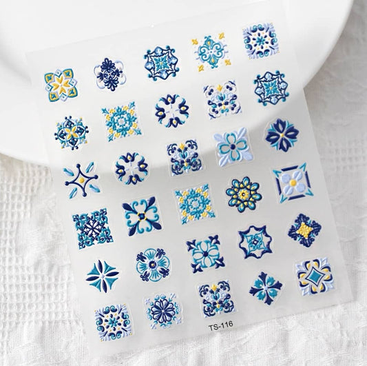 Nail Art Sticker | Carreau Azulejo | Bleu & Doré | TS-116