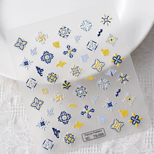 Nail Art Sticker 5D | Carreau Azulejo | Bleu Marine & Jaune | TS-058