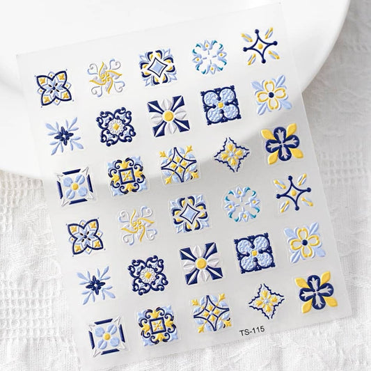 Nail Art Sticker | Carreau Azulejo | Bleu Ciel & Jaune | TS-115