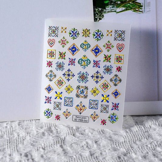 Nail Art Sticker 5D | Carreau Rétro Floral | Multicolore & Doré | FEB-344