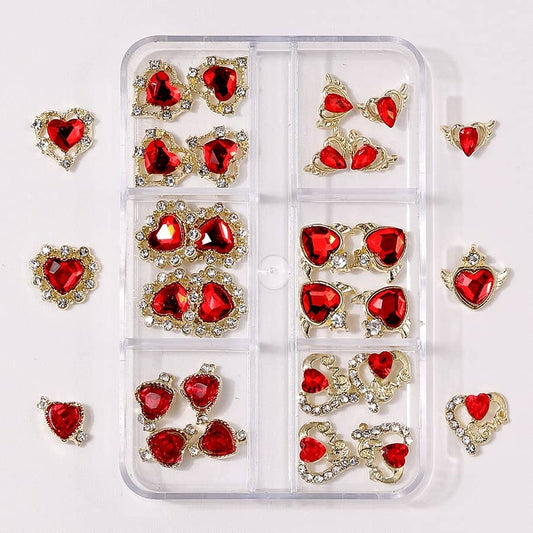 3D Nail Art Jewelry | Red Heart Set – Gold & Crystal 3D Love Charms