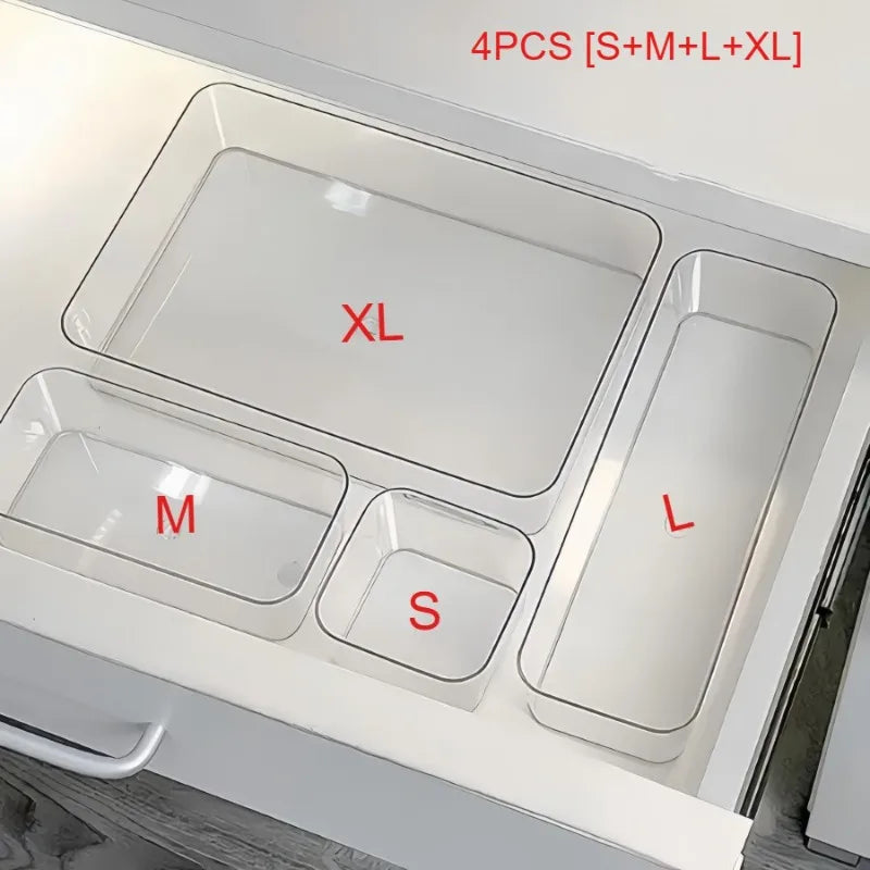 Set d'Organisateurs de Tiroir Transparent | 4 Tailles (S+M+L+XL) | Rangement Maquillage & Maison