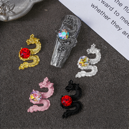 3D Nail Art Jewelry | Chinese Dragon Charm – Crystal & Metal Nail Art