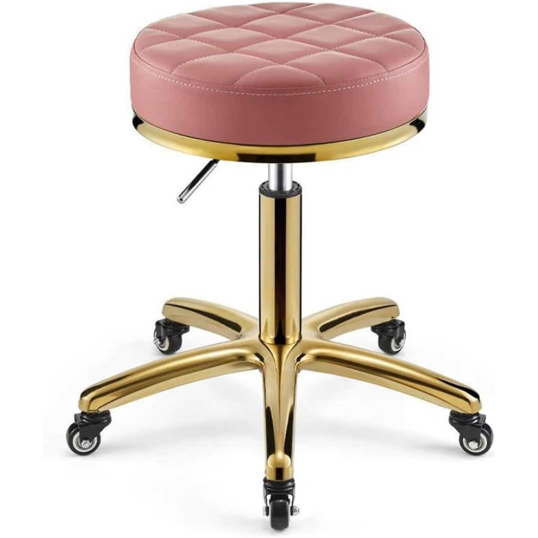 Adjustable Hydraulic Stool on wheels with footrest | Round | Pink & Gold