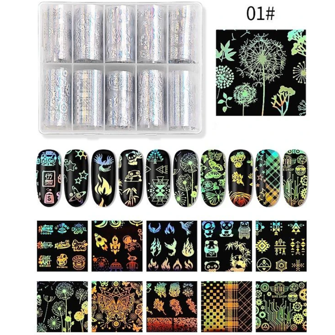 Nail Foil Transfer Set | Available in 2 designs (10 rolls/box)