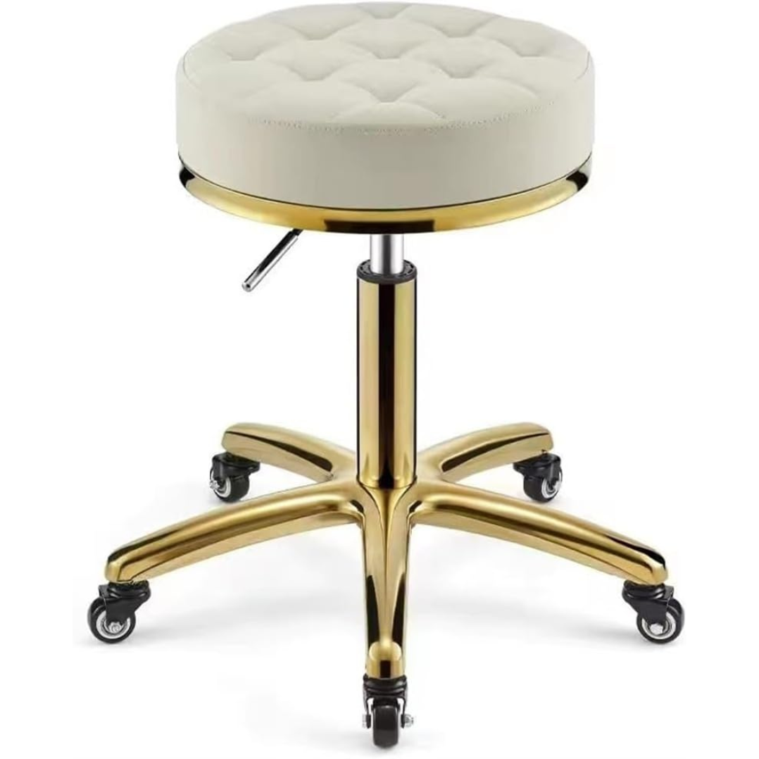 Adjustable Hydraulic Stool on wheels with footrest | Round | White & Gold