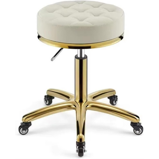 Adjustable Hydraulic Stool on wheels with footrest | Round | Beige & Gold
