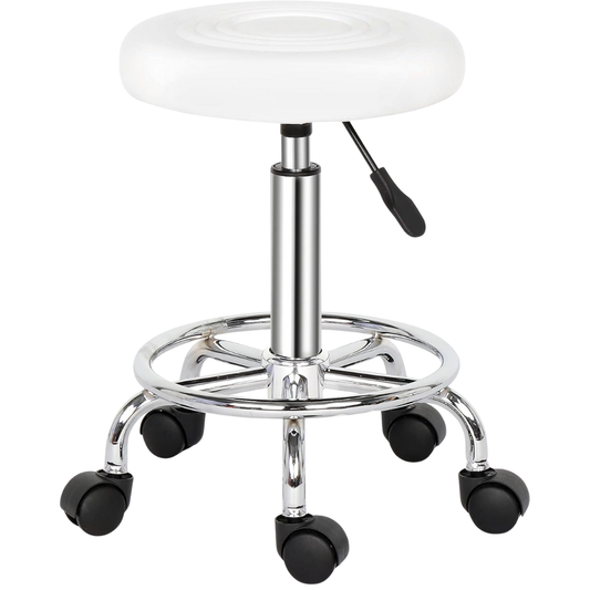 White Adjustable Stool on wheels with footrest | Round