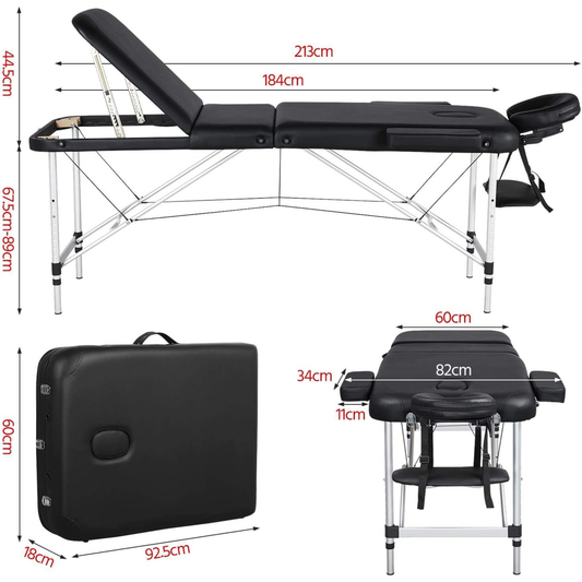 Portable Massage Spa Bed 185×60 cm | Black | 3-Fold | Aluminum Frame | Adjustable Height | Headrest & Armrest