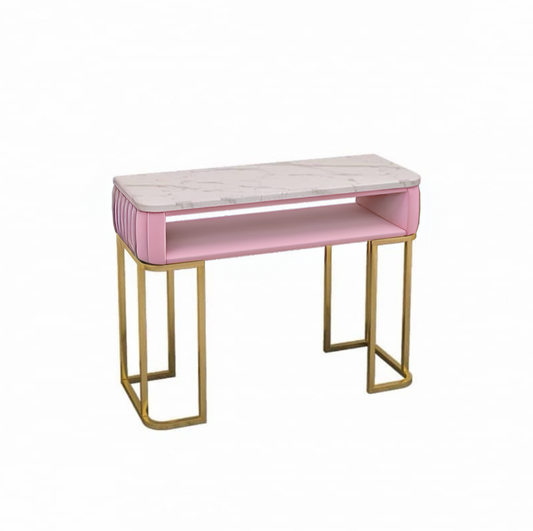 Modern Luxury Manicure Table with Marble Top and Gold Legs | Pink