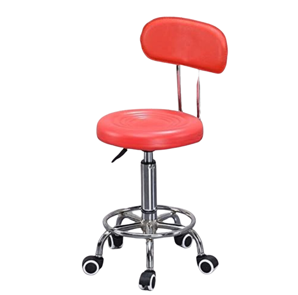 Tabouret Réglable sur Roulettes avec Repose-pieds et Dossier | Rond | Rouge