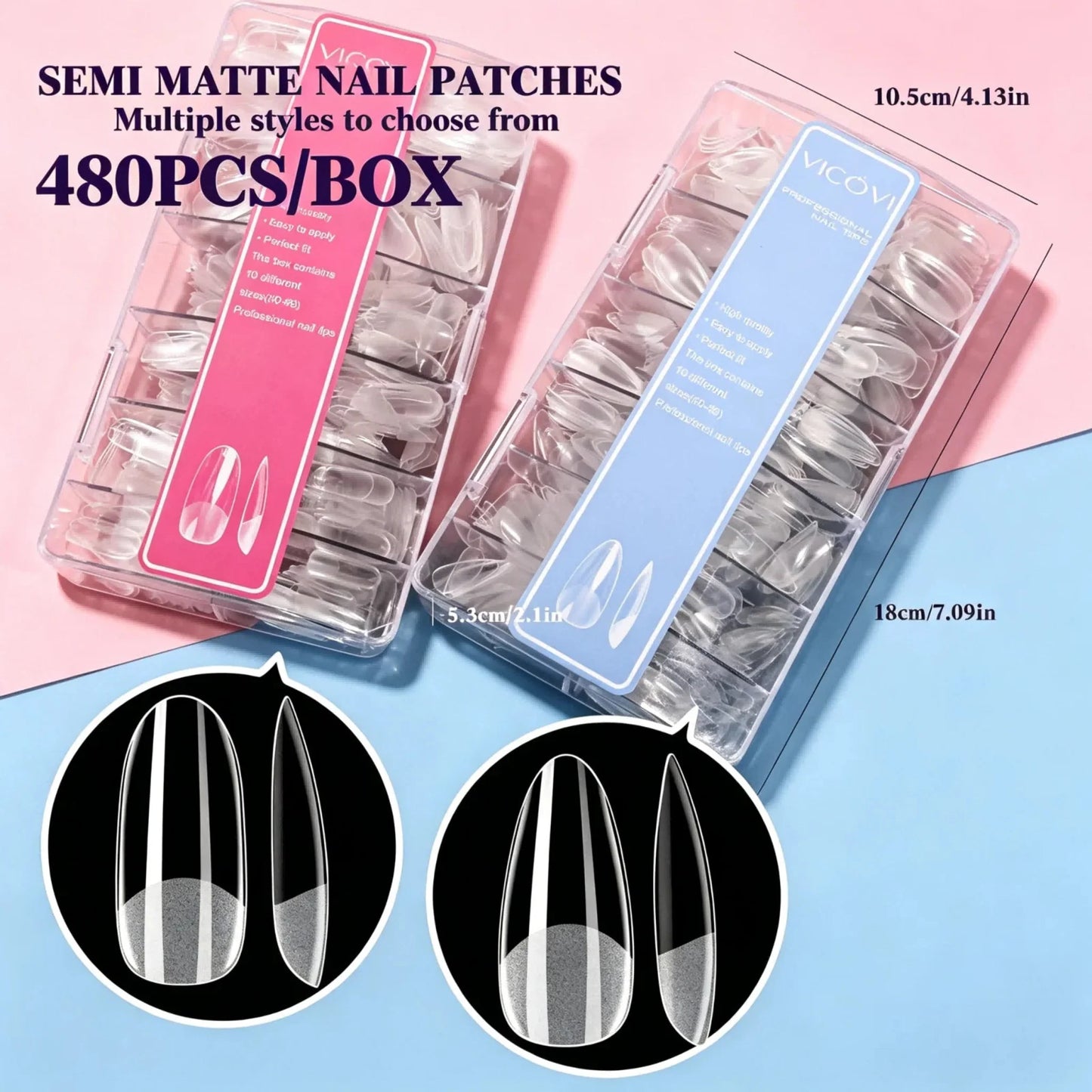 Vicovi 480pcs Full Cover Medium Coffin Nail Tips | Half Matte