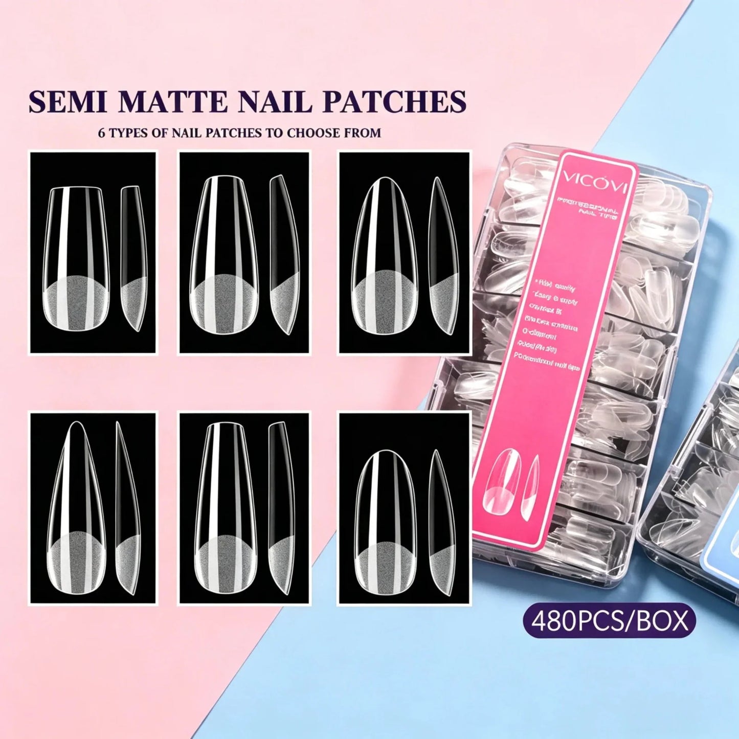 Vicovi 480pcs Full Cover Medium Coffin Nail Tips | Half Matte