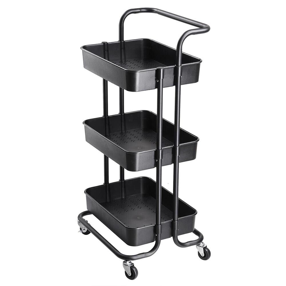 3-Tier Metal Storage Organizer Rolling Cart with handle - Black