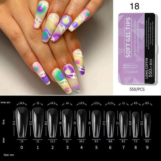 Soft Gel Tips #18 | Full Cover Long Coffin 550 Purple Box Nail