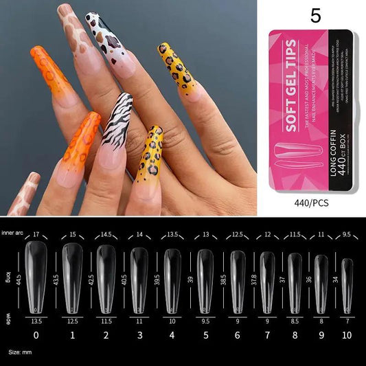 Soft Gel Tips #5 | Full Cover Long Coffin 440 Pink Box Nail