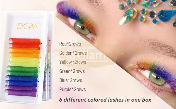 Extensions de cils EMEDA | Arc-en-ciel 6 couleurs | Courbure D 0,07 | 15 mm