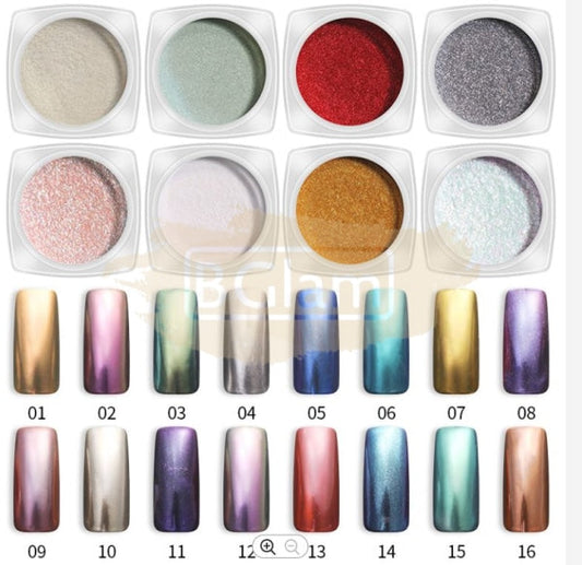 Nail Powder Mirror Effect Chrome With Applicator Available In 16 Colors Complete Set (1-16)